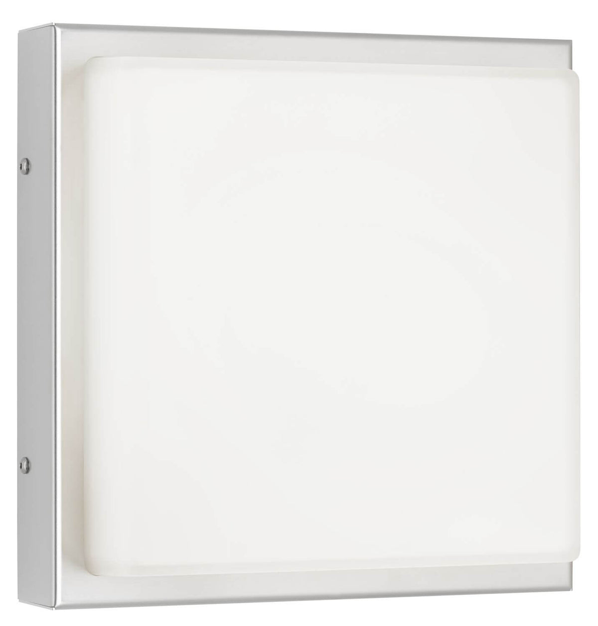 Vue de face du luminaire seul, capot blanc dépoli dans boîtier acier