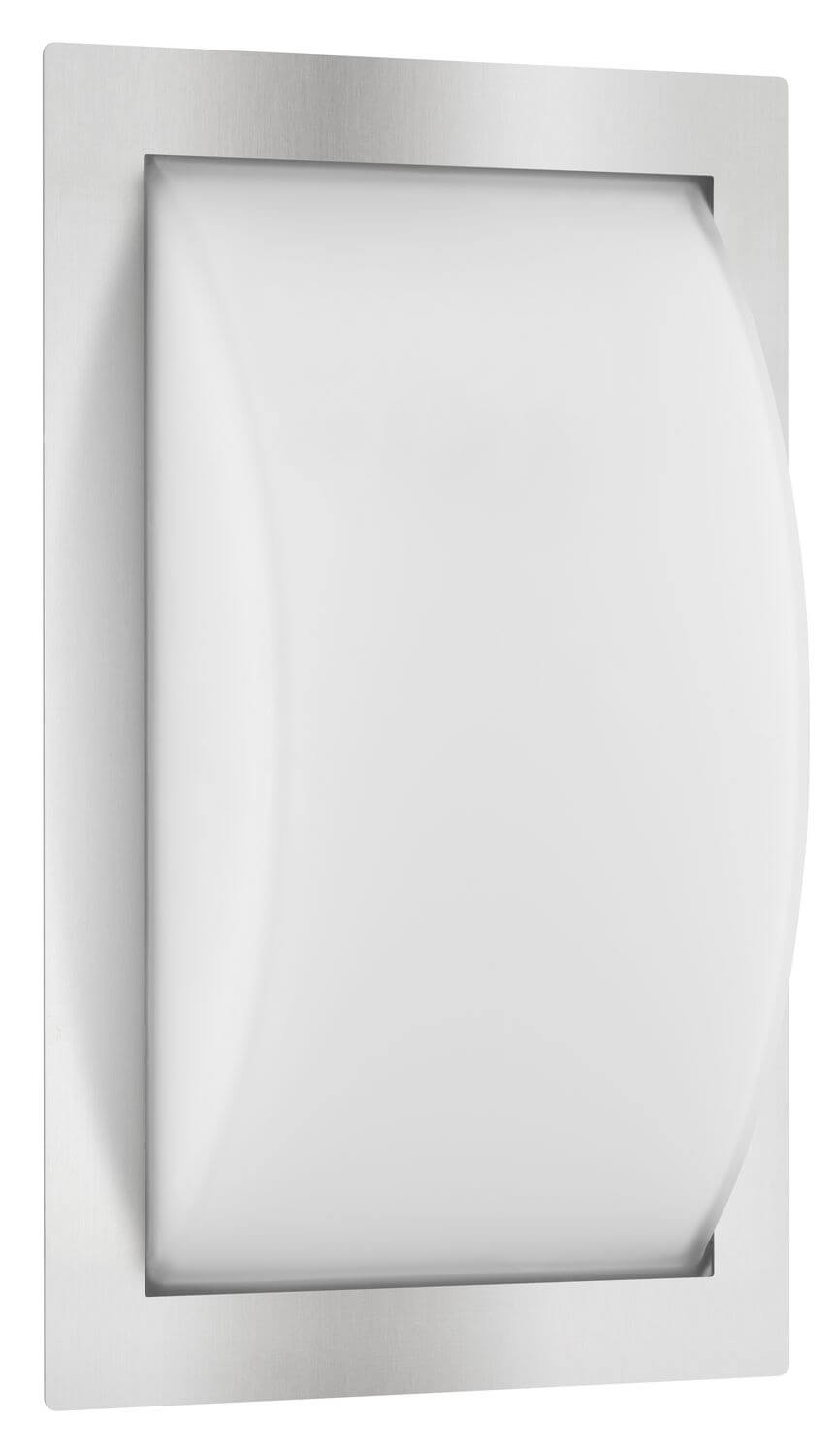 Vue de face de l'applique rectangulaire en inox avec diffuseur blanc satiné.