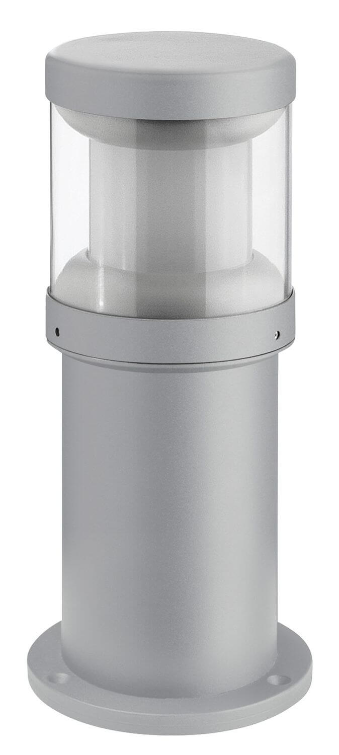 Détail du luminaire extérieur gris montrant le capot, le verre et la base de fixation.