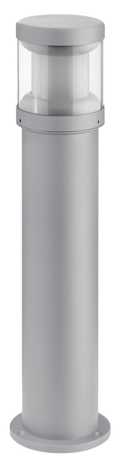 Borne grise vue en entier, capot rond et cylindre transparent, fond blanc.