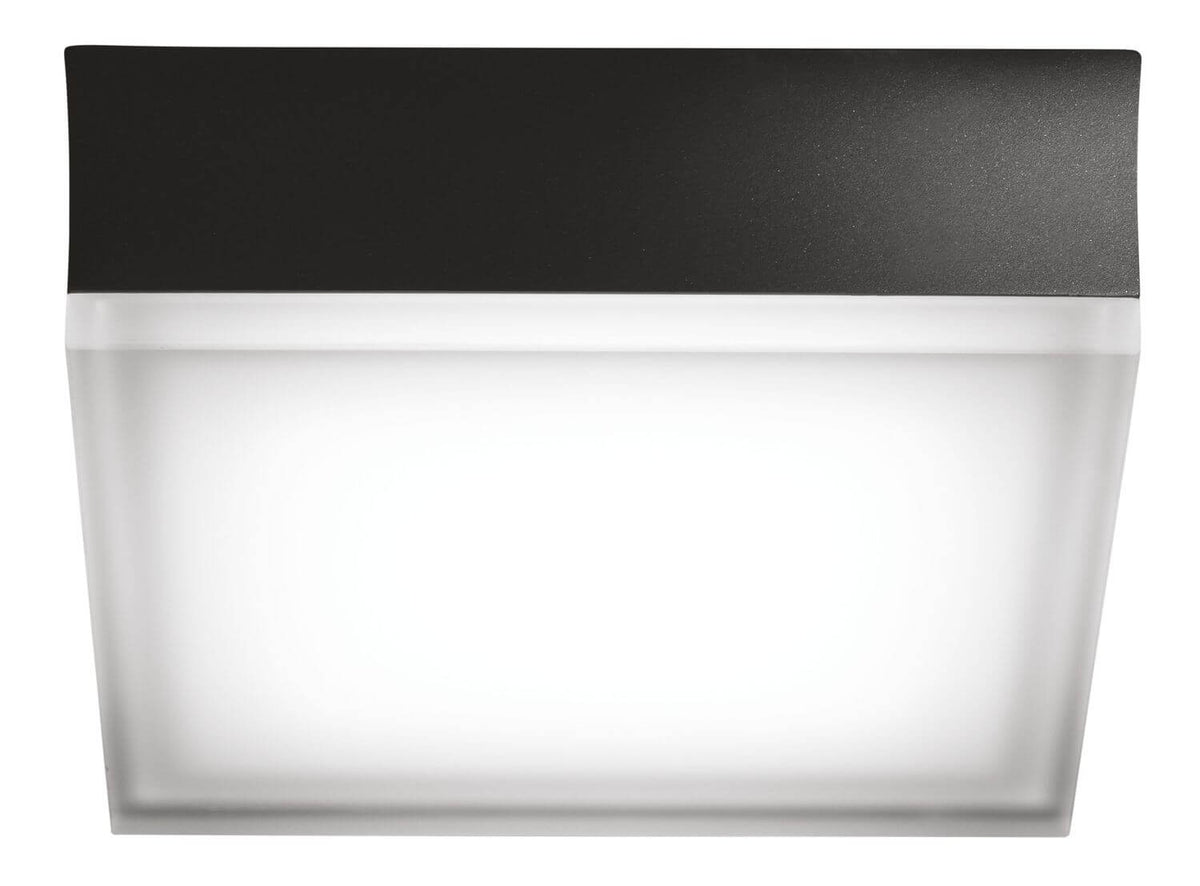Vue de dessous : boîtier anthracite coiffant un diffuseur carré blanc lumineux