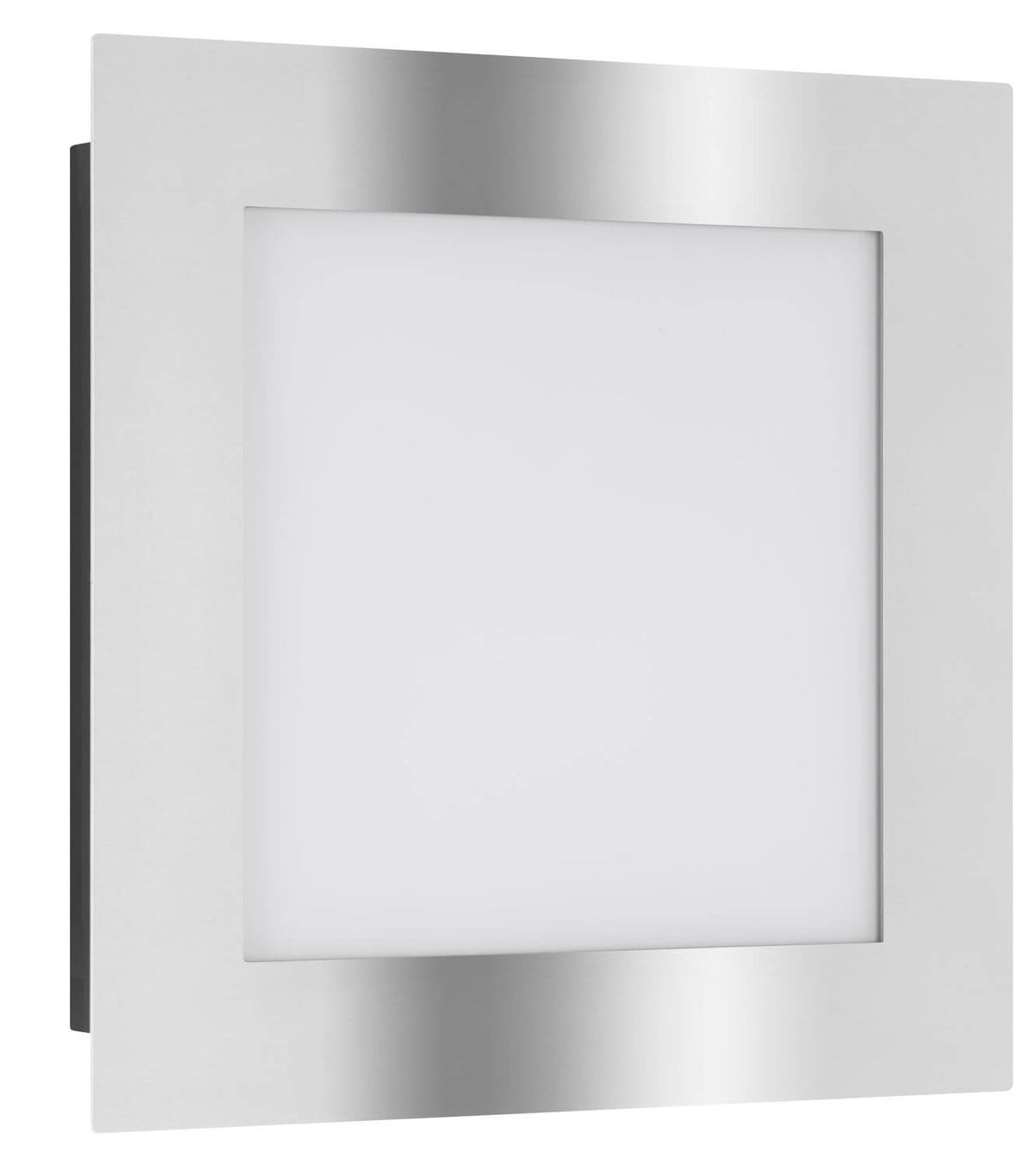 Applique carrée vue de face, cadre inox brossé et diffuseur blanc lumineux