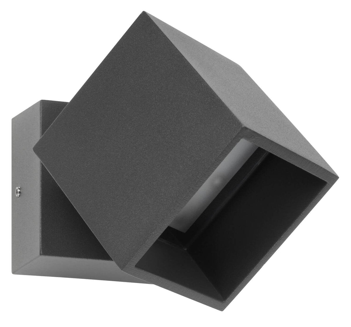 Applique murale cube anthracite éteinte, vue de trois quarts montrant la platine de fixation