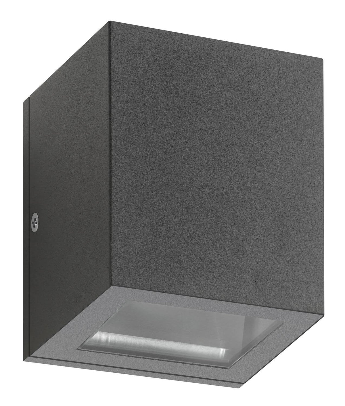 Vue de trois quarts du luminaire mural anthracite éteint, structure cubique et diffuseur transparent.