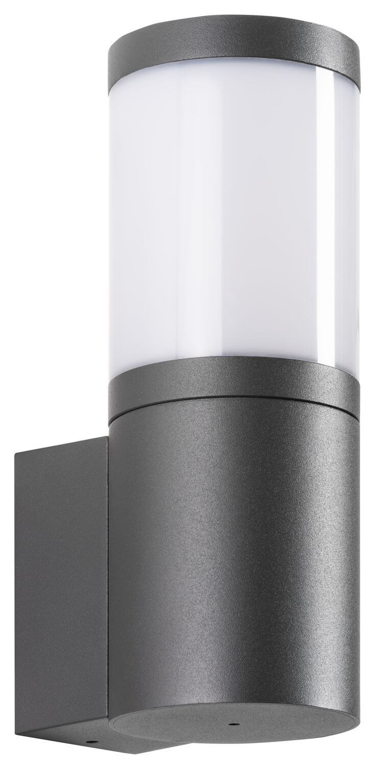 Vue de détail sur fond blanc du luminaire cylindrique anthracite et son diffuseur blanc.