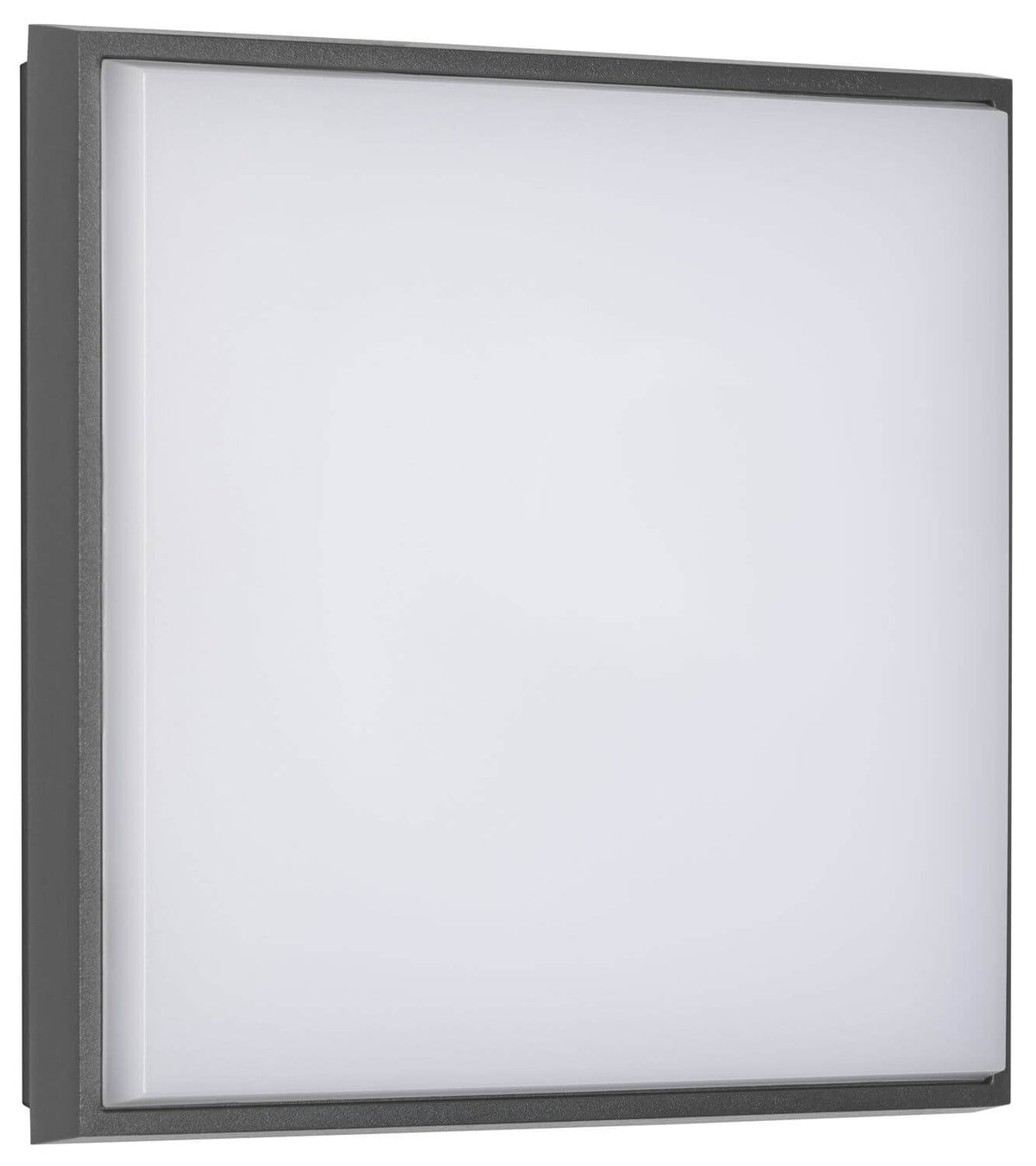 Face avant du luminaire carré, encadrement anthracite et diffuseur blanc uniforme