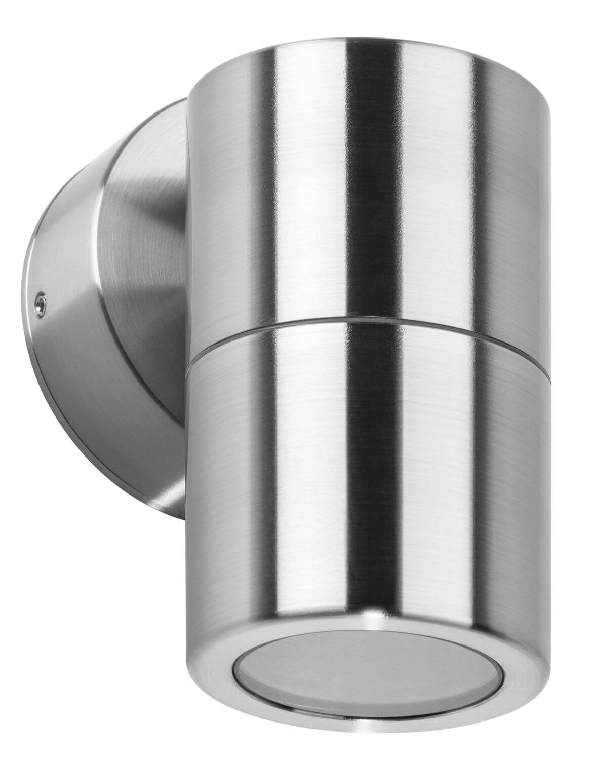 Applique murale inox brossé, spot cylindrique éteint vu de trois quarts