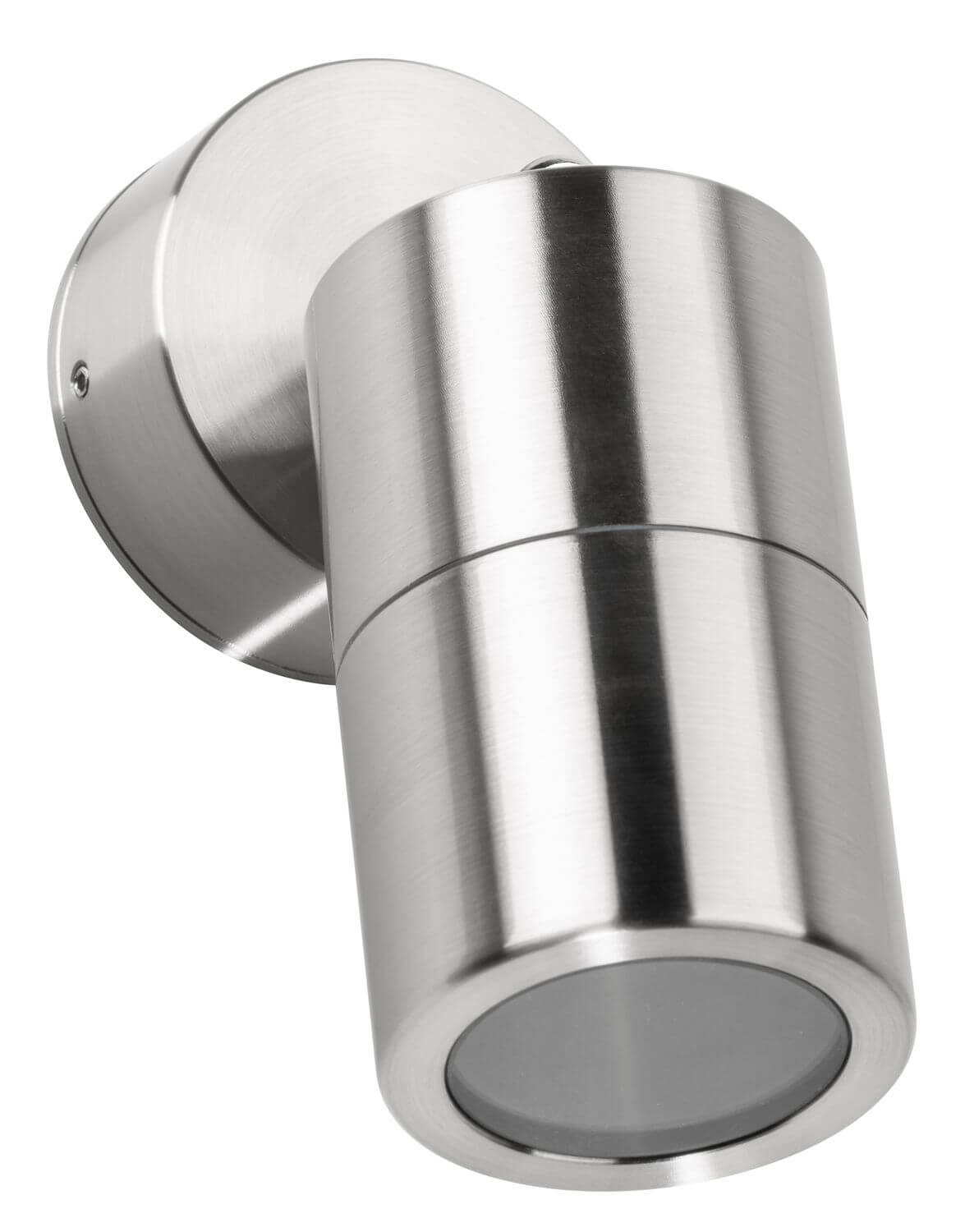 Vue de trois quarts d'une applique murale inox avec spot cylindrique orientable éteint.