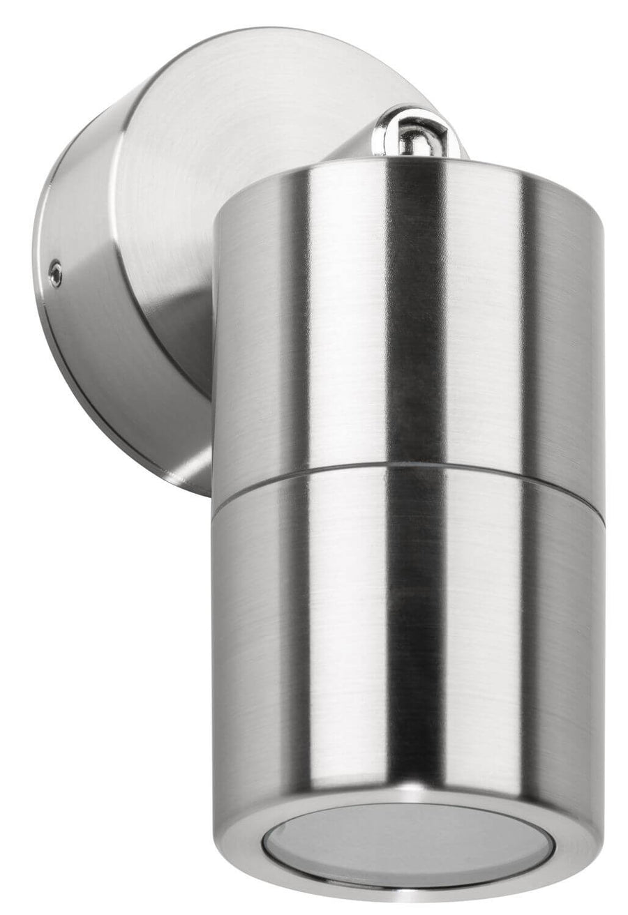 Vue rapprochée de l'applique inox montrant le cylindre orientable et sa base murale.