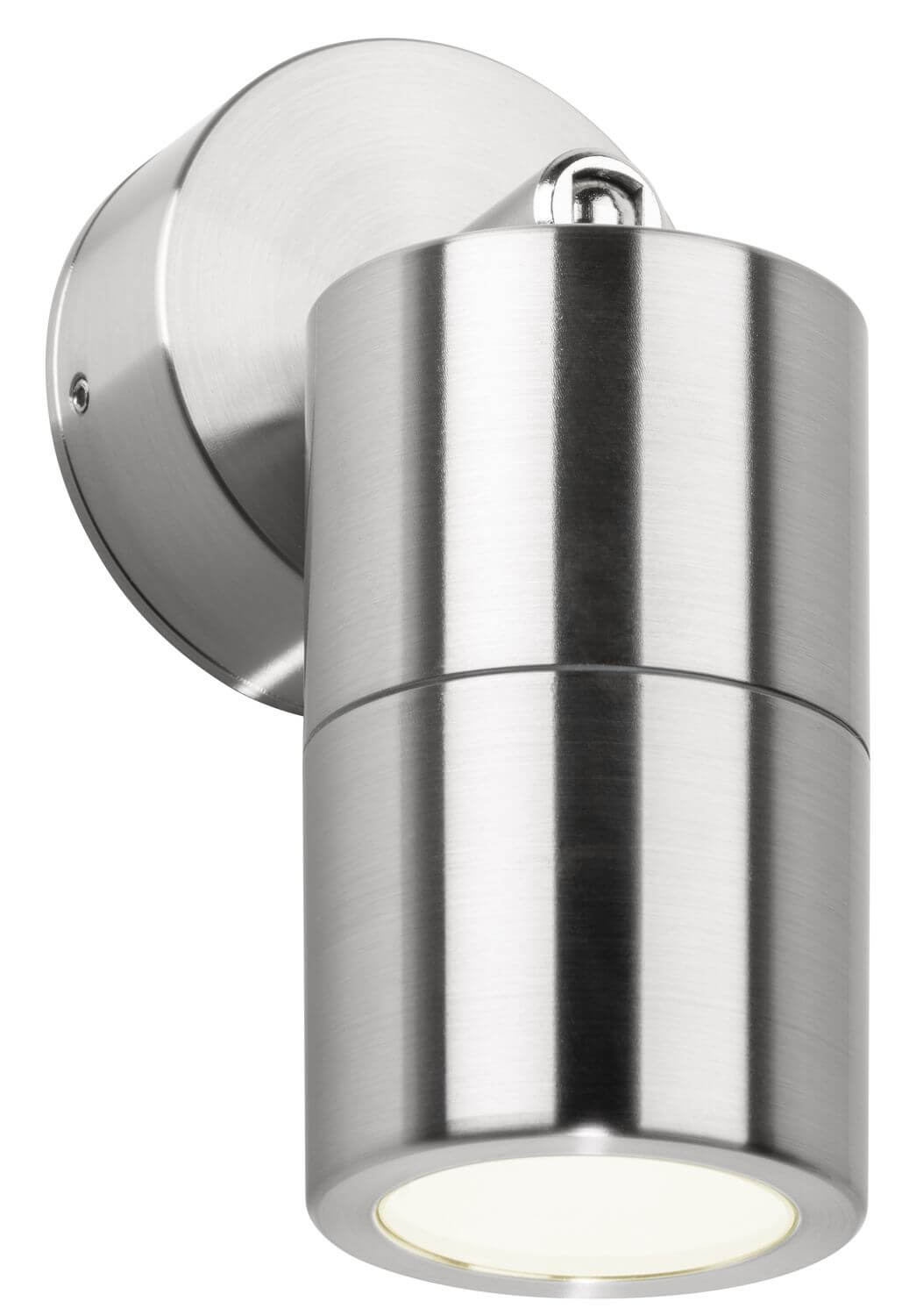 Spot cylindrique inox orientable braqué vers le bas, allumé, sur applique extérieure.
