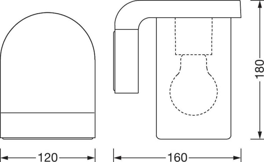 Schéma technique coté : largeur 120 mm, profondeur 160 mm, hauteur 180 mm.