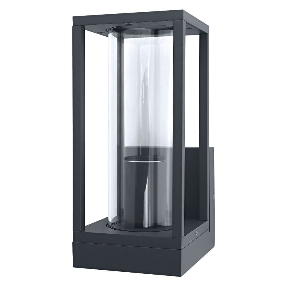 Applique extérieure noire vue de trois quarts, cadre carré ouvert et cylindre de verre