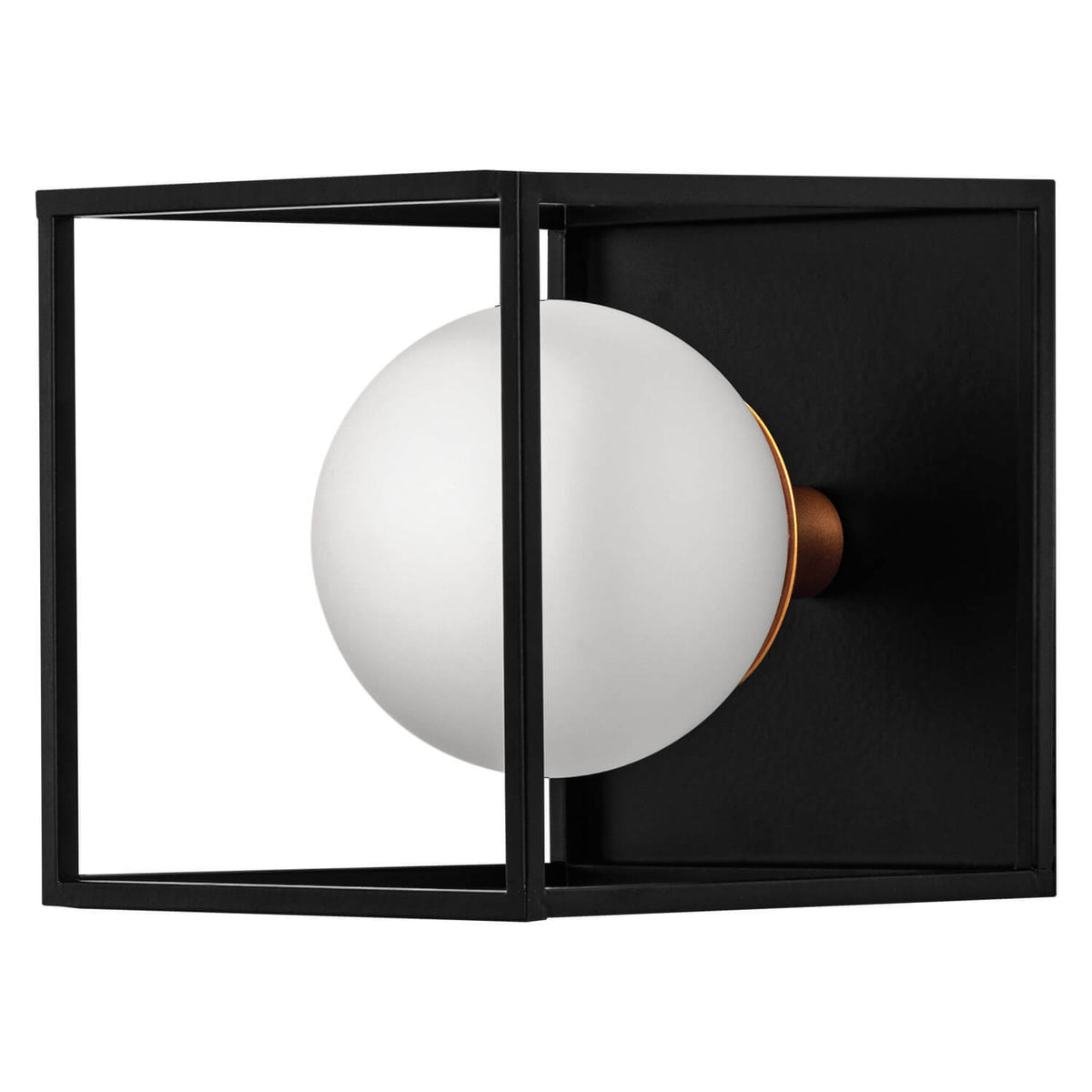 Plafonnier carré noir avec globe blanc et douille cuivrée, vue de face.