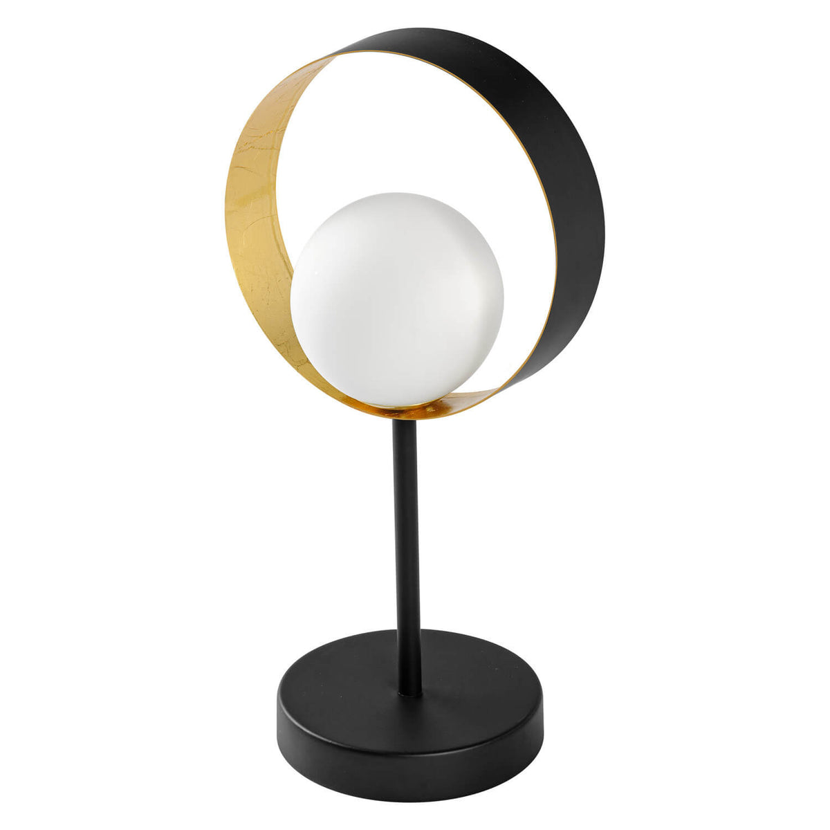 Lampe à poser noire et dorée avec globe blanc, vue de face sur fond blanc.
