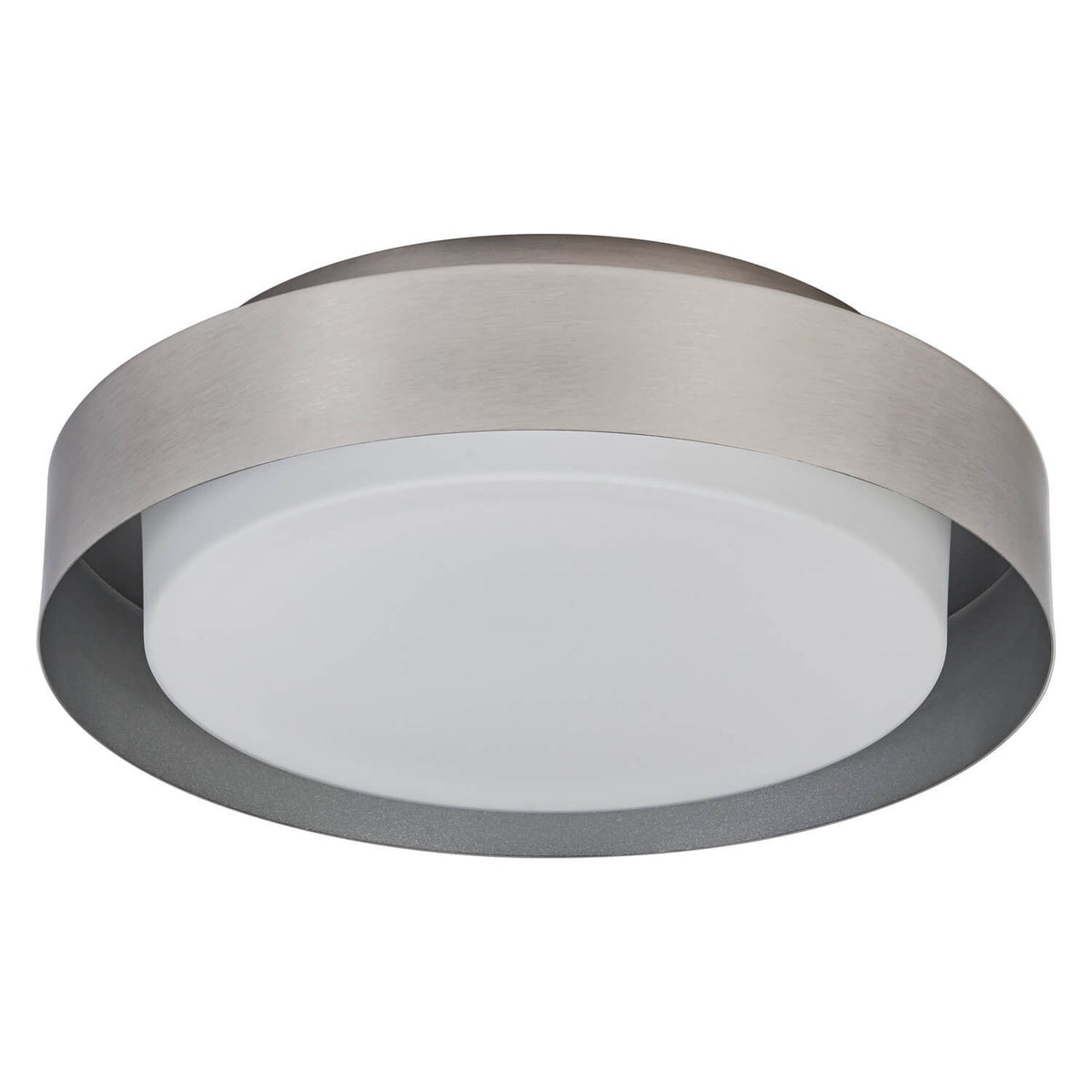 Plafonnier rond en métal nickel brossé, diffusé par un globe blanc, vu de face.