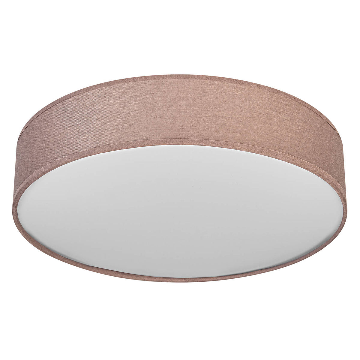 Plafonnier rond en tissu rose pâle avec diffuseur blanc vu de face.
