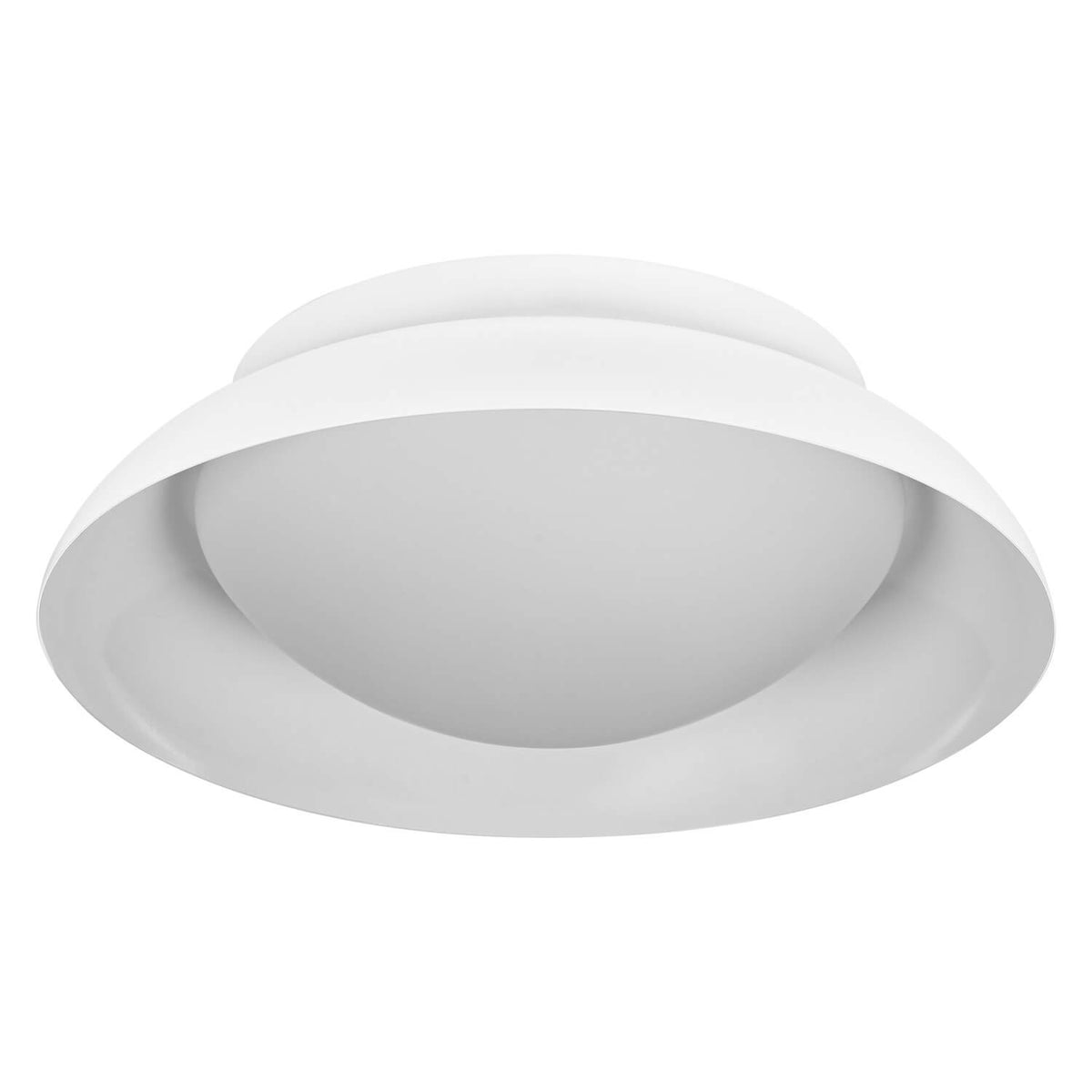 Vue de dessous du plafonnier blanc rond à double rebord.