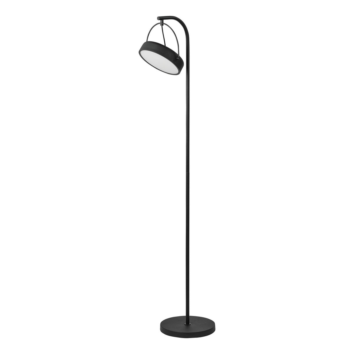 Lampadaire noir avec abat-jour disque incliné et long pied sur socle rond.
