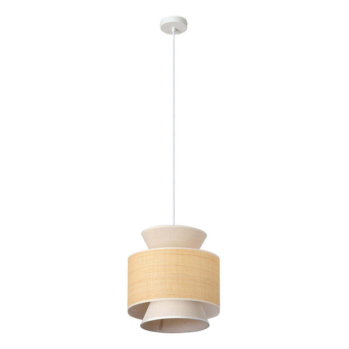 Suspension beige composée de trois abat-jours superposés en tissu naturel.