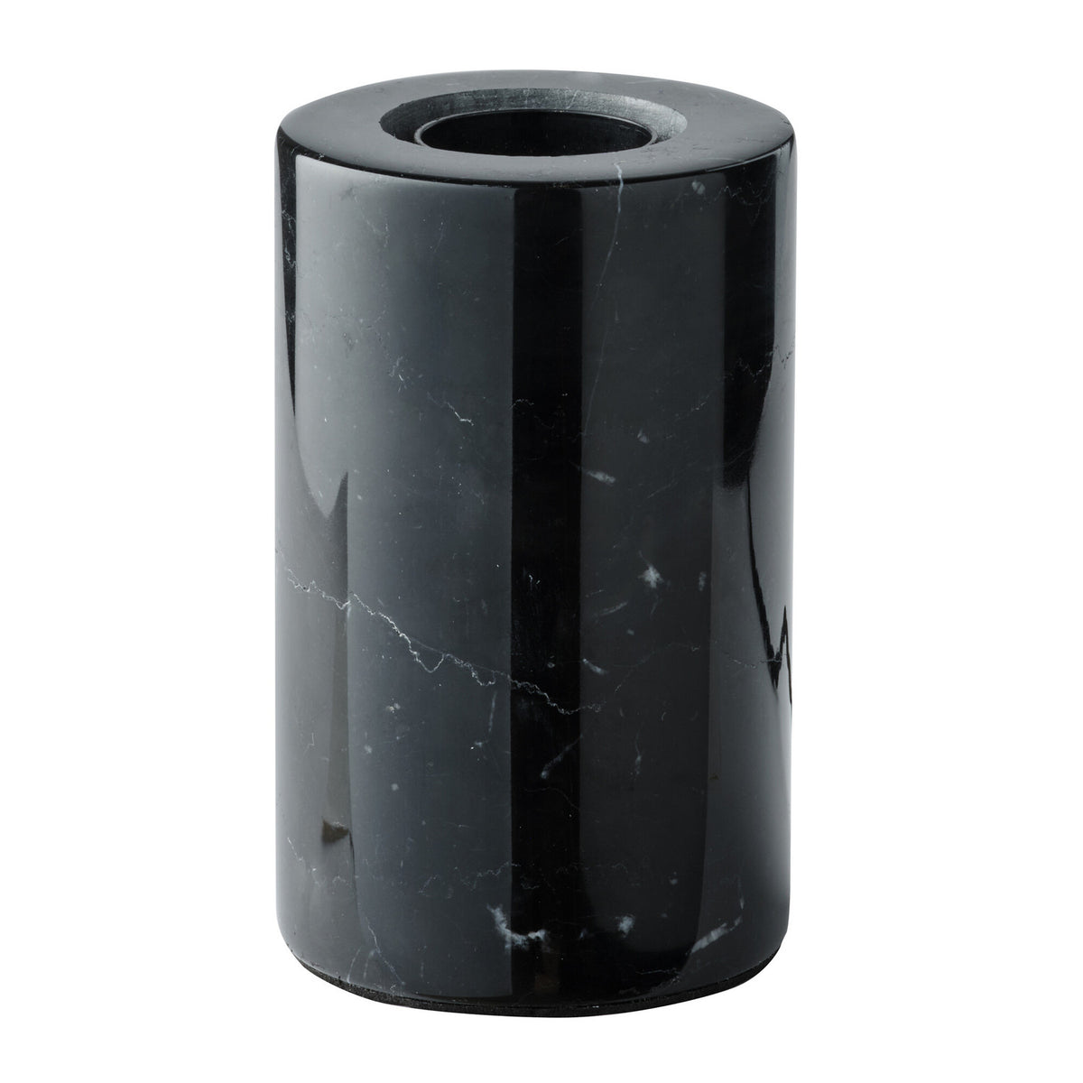 Base cylindrique en marbre noir brillant, ouverture circulaire au sommet, vue de face.