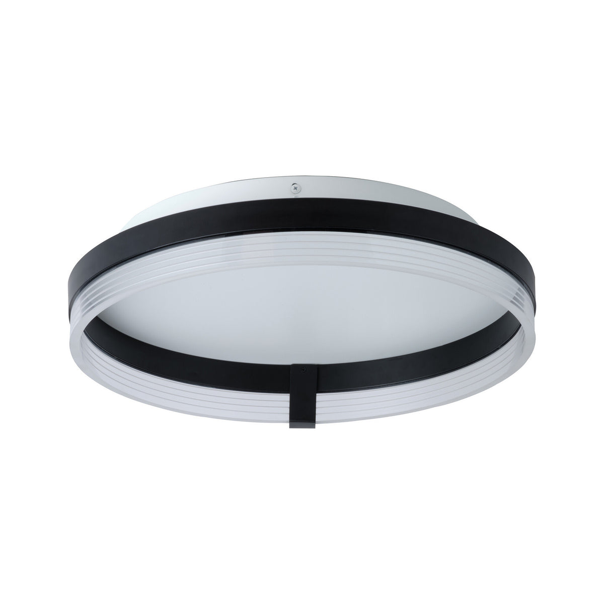 Plafonnier circulaire noir et blanc photographié de trois quarts sur fond neutre.