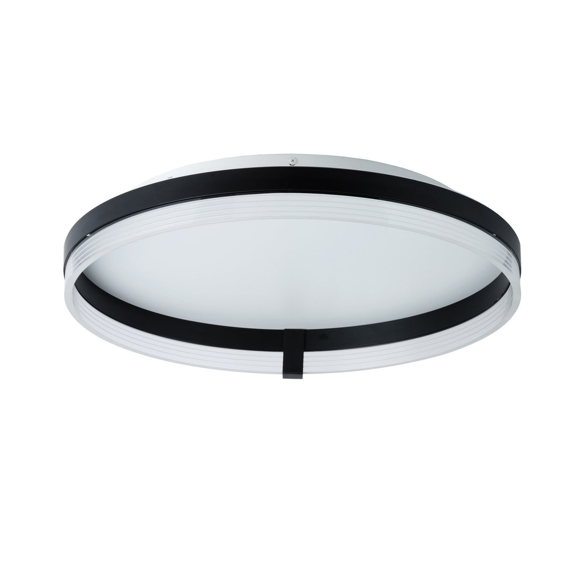 Vue de face du plafonnier rond noir à diffuseur blanc sur fond neutre.