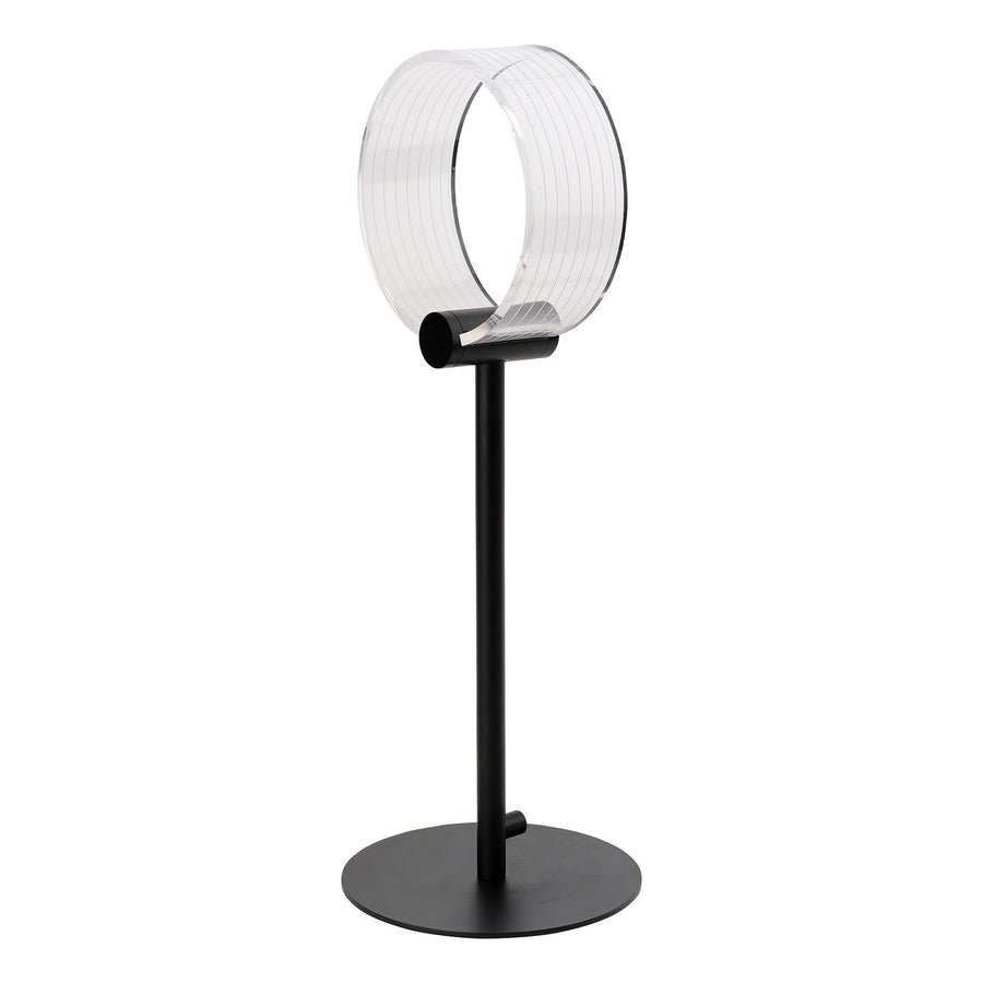Lampe à poser noire avec diffuseur circulaire transparent, vue de face sur fond blanc.
