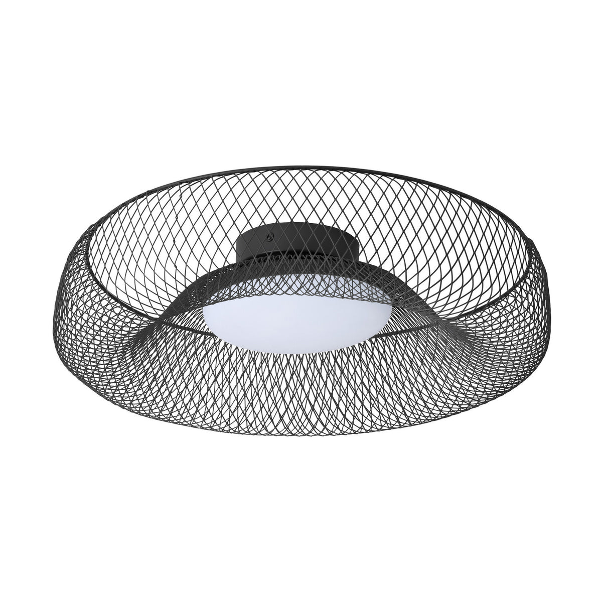 Vue de face du plafonnier rond en maille métallique noire avec diffuseur central blanc.