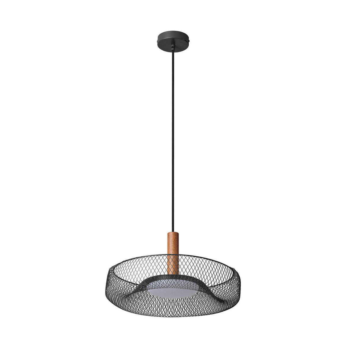 Suspension noire en maille ovale avec câble et rosace, vue produit de face.