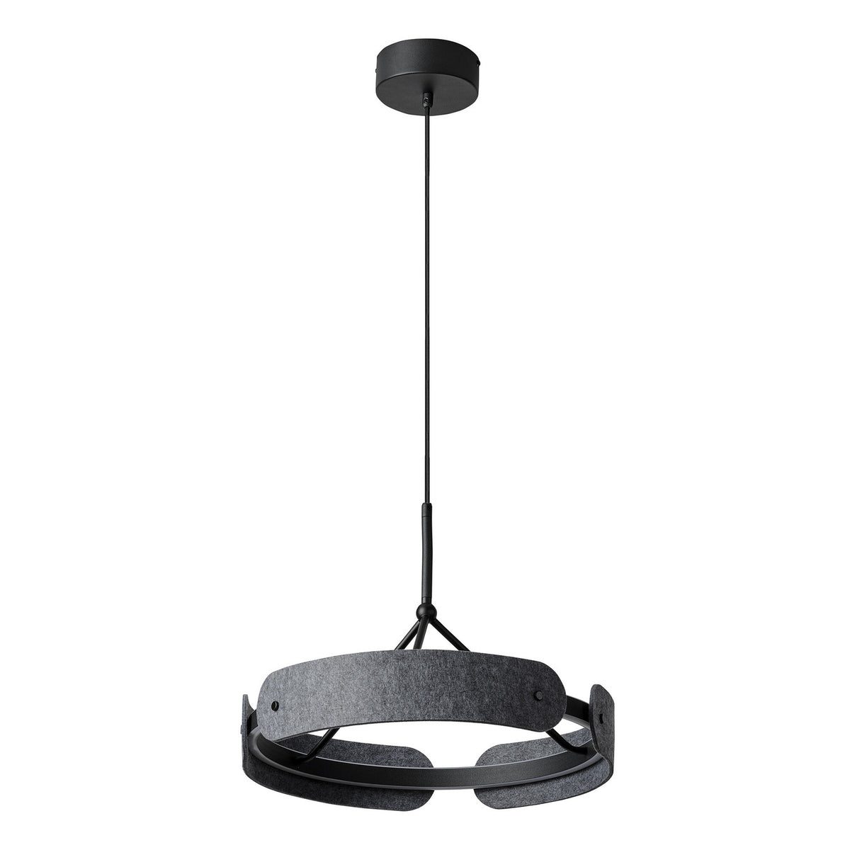 Suspension noire de face avec câble et abat-jour circulaire en feutre anthracite.