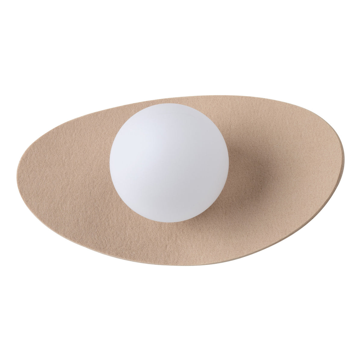 Applique murale ovale beige avec diffuseur globe blanc, vue de face sur fond neutre.