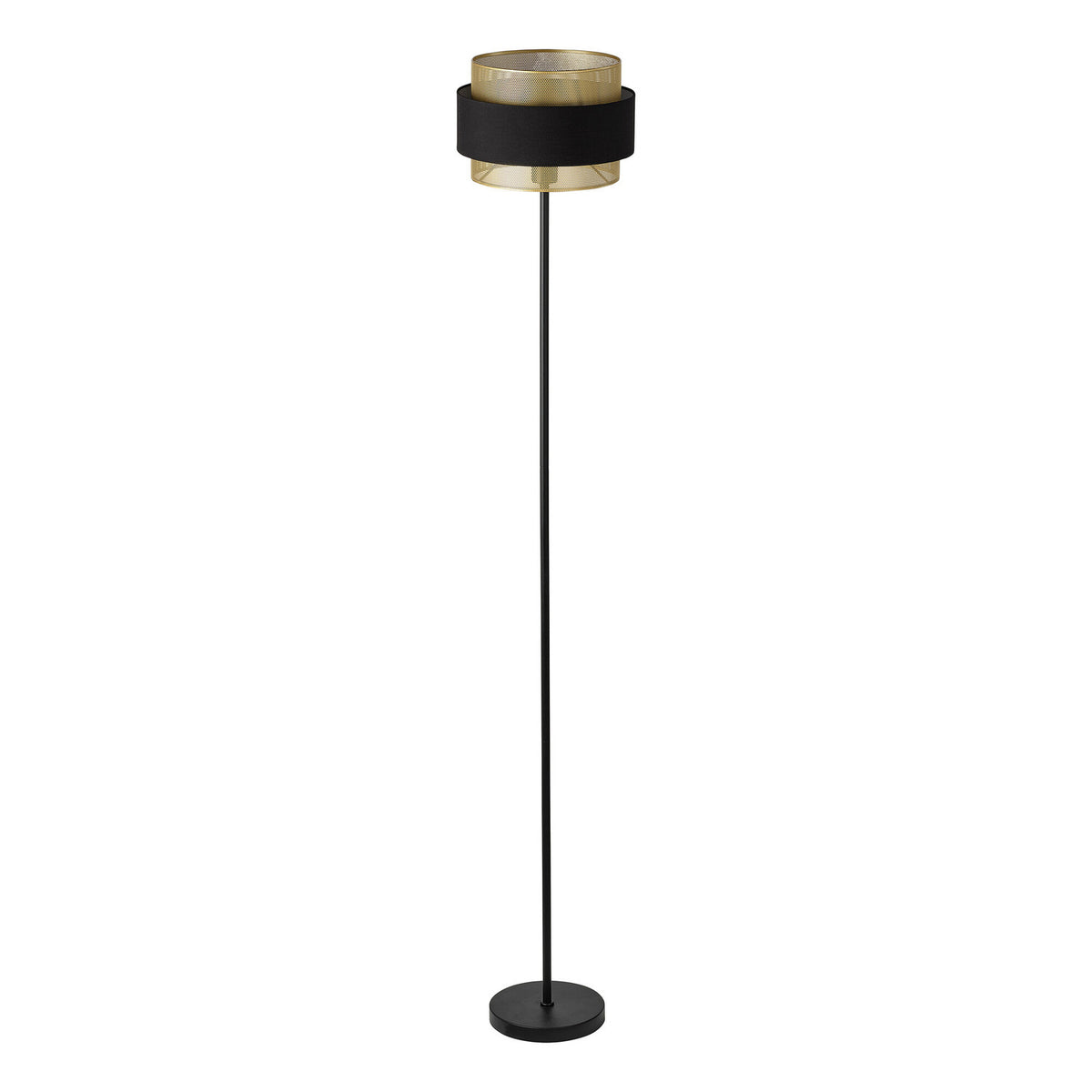 Lampadaire de face sur fond blanc, abat-jour cylindrique noir et doré, tige fine et base ronde.
