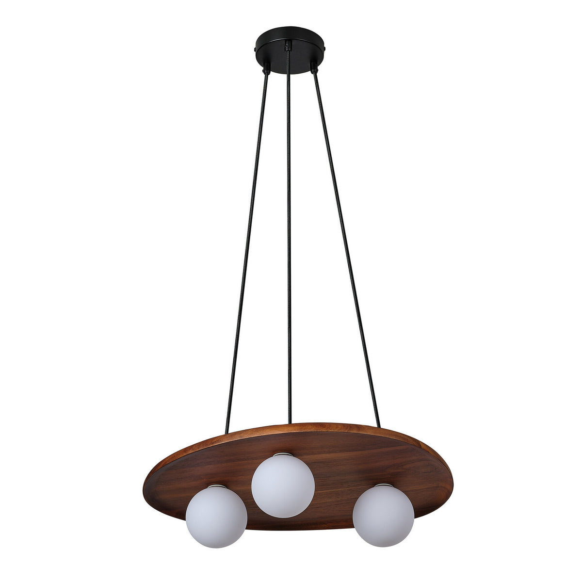 Suspension vue de dessous sur fond blanc, trois globes en verre et plateau ovale en bois.