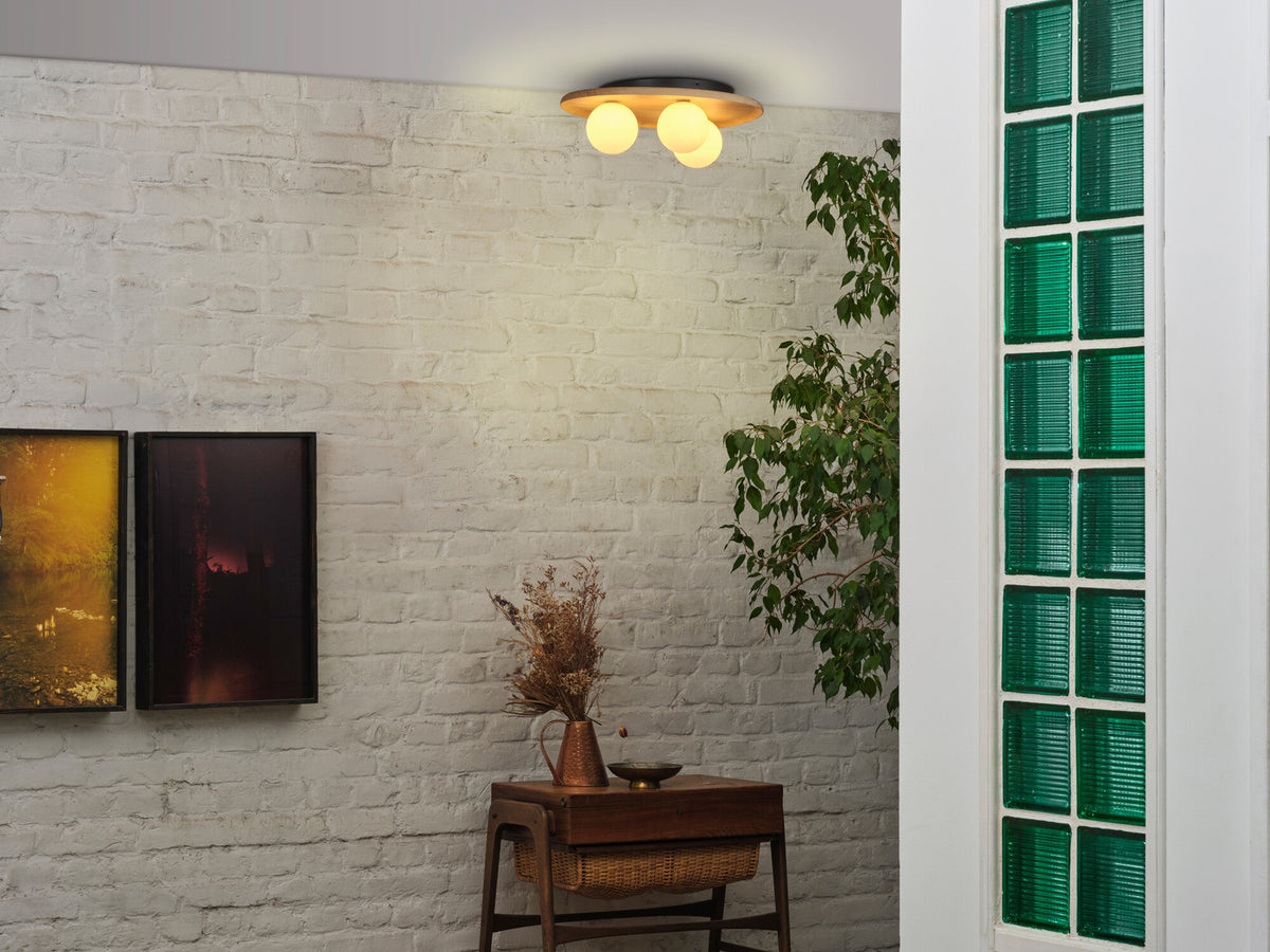 Plafonnier allumé dans une pièce, mur de briques blanches, plante et verre vert.