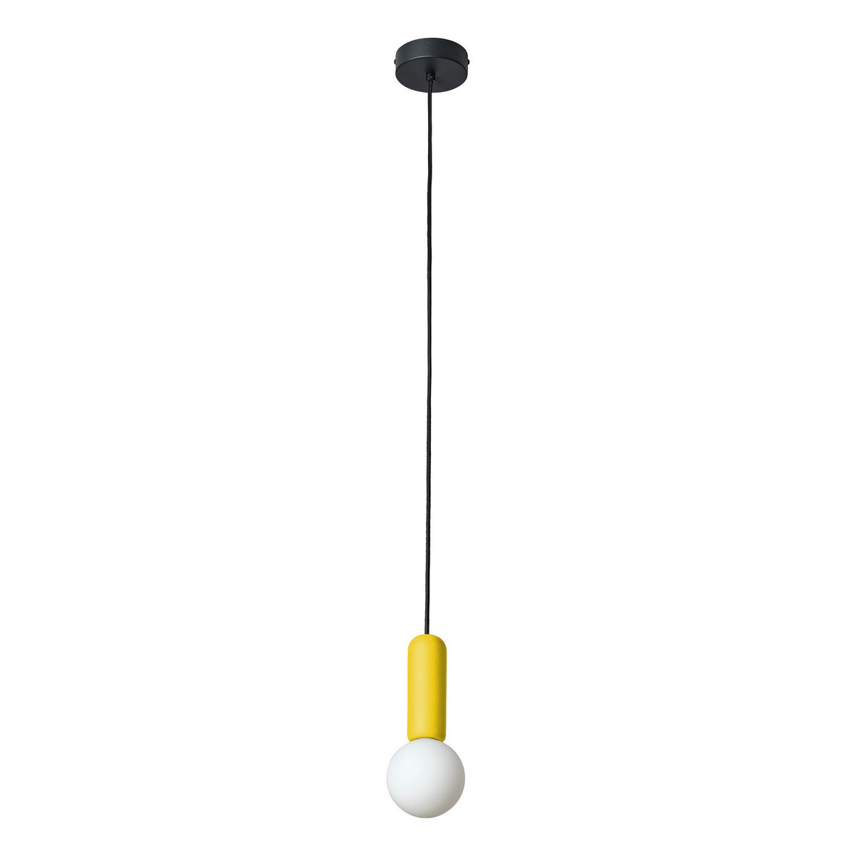 Suspension jaune vue de face sur fond blanc, avec câble et rosace noirs.
