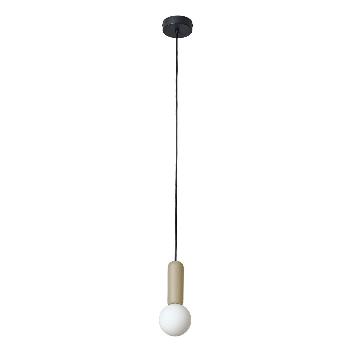 Suspension beige sur fond blanc, cordon noir et rosace de plafond visible.