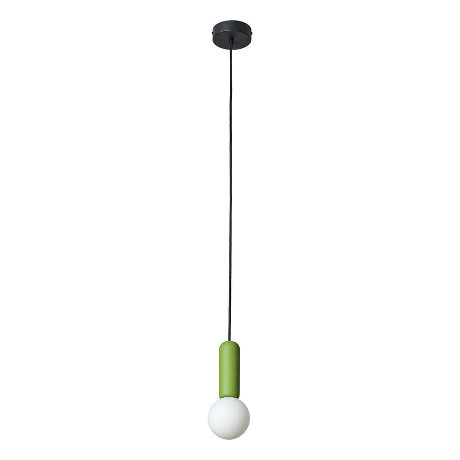 Vue produit de la suspension complète avec cylindre vert et globe blanc.