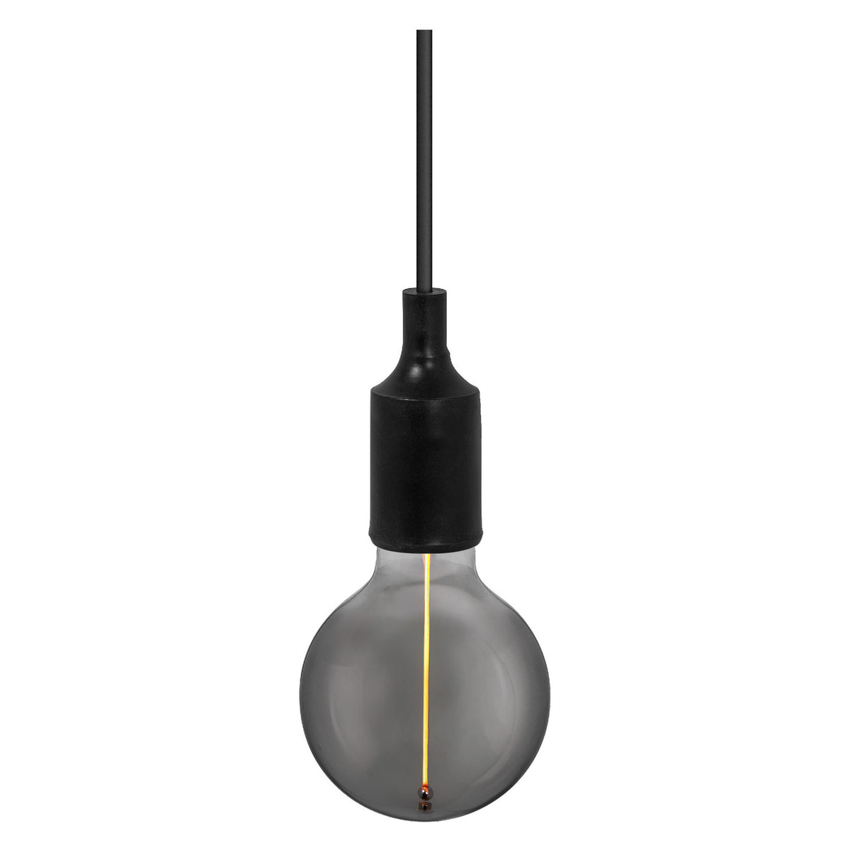Suspension noire vue de face avec ampoule globe fumée, sur fond blanc.