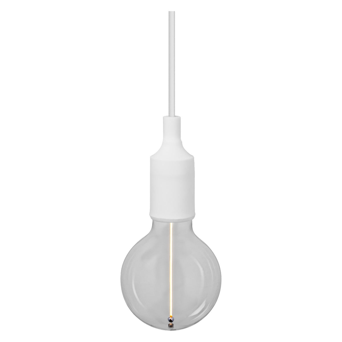 Suspension blanche avec ampoule globe transparente, présentée de face sur fond blanc.