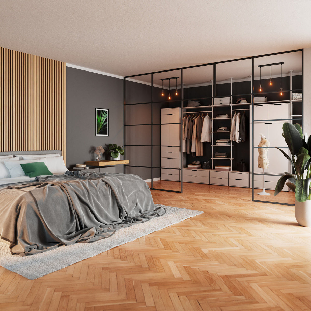 Mise en ambiance chambre avec plusieurs suspensions allumées au-dessus d'un dressing ouvert.