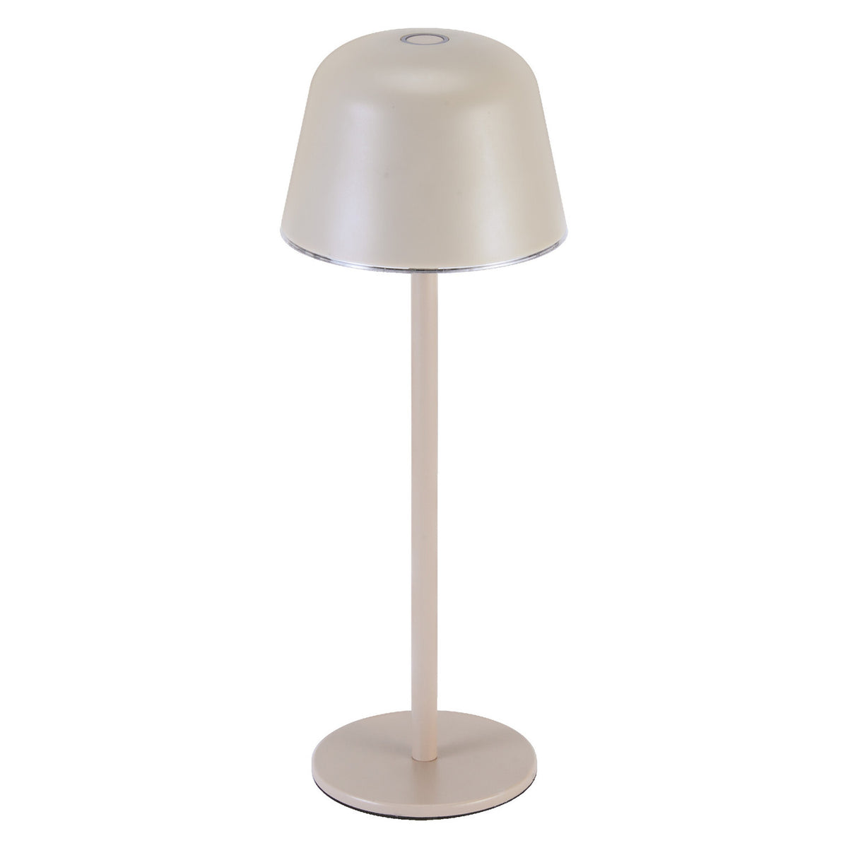 Lampe beige de face sur fond blanc, pied fin et abat-jour arrondi.