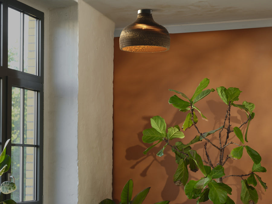 Le luminaire éclaire une pièce chaleureuse avec un mur terracotta et des plantes.
