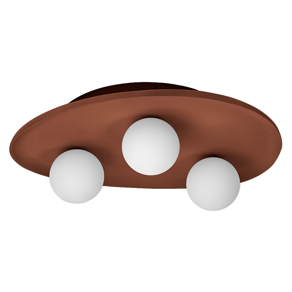 Luminaire marron de face sur fond blanc avec trois globes opalescents