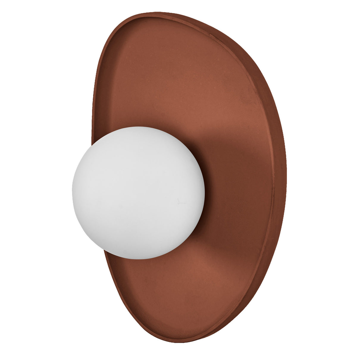 Applique murale brune en forme de galet avec diffuseur globe blanc, vue de face.