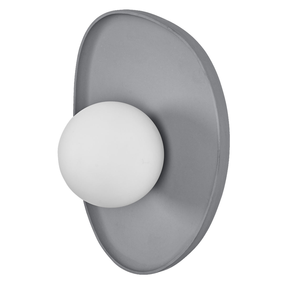 Applique murale grise de face avec un diffuseur sphérique blanc.