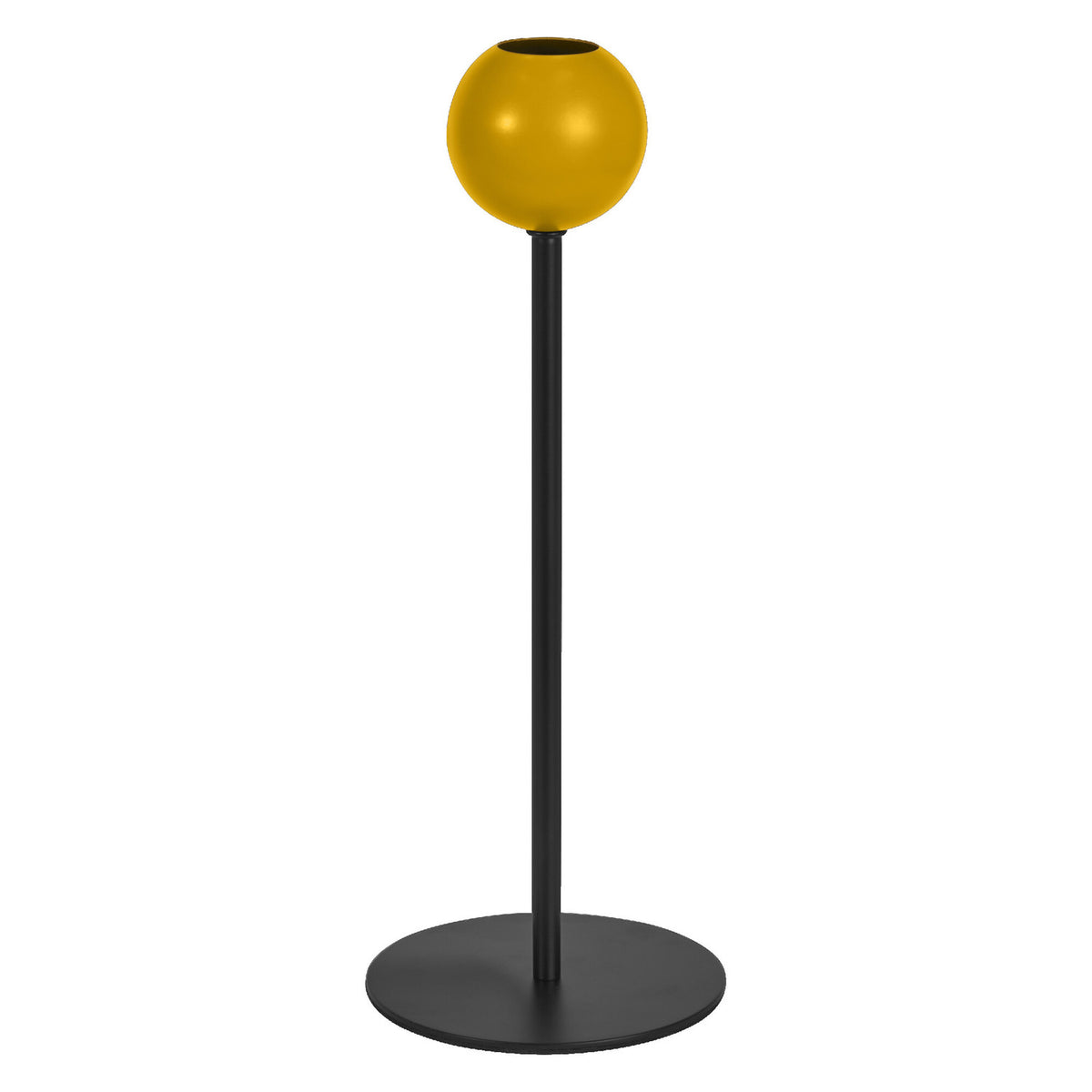 Lampe à poser jaune avec sphère et tige noire sur fond blanc