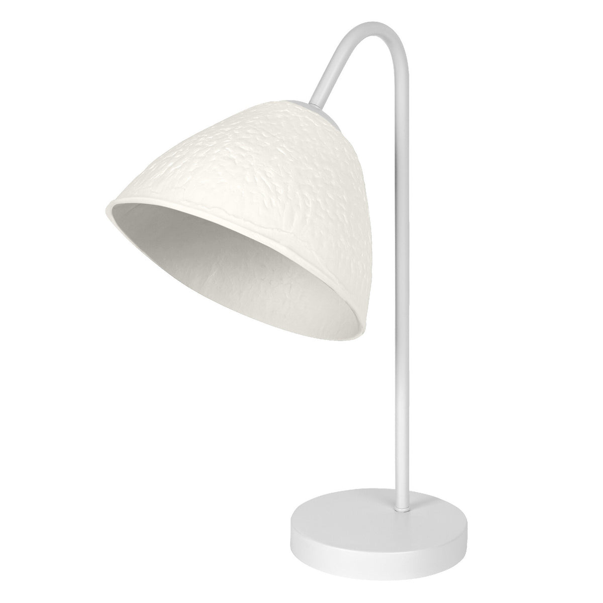 Lampe à poser blanche, abat-jour bombé texturé et bras courbe, sur fond blanc.