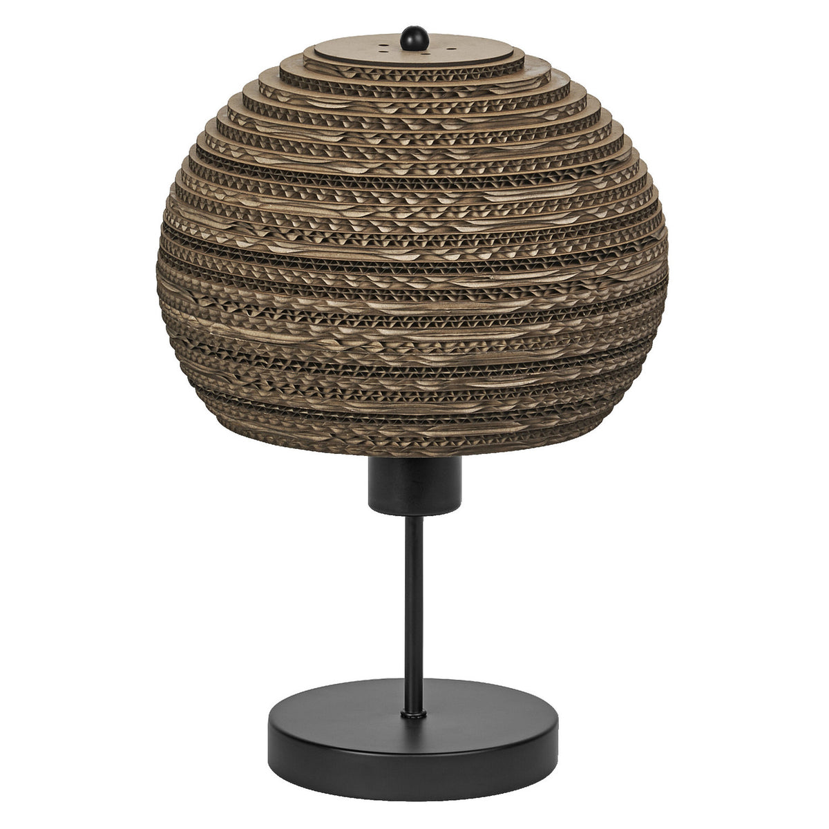 Lampe à poser avec abat-jour sphérique en carton ondulé empilé et pied métal noir.