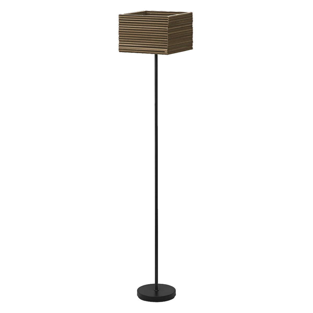 Lampadaire noir sur socle rond avec abat-jour carré en carton marron, fond blanc.