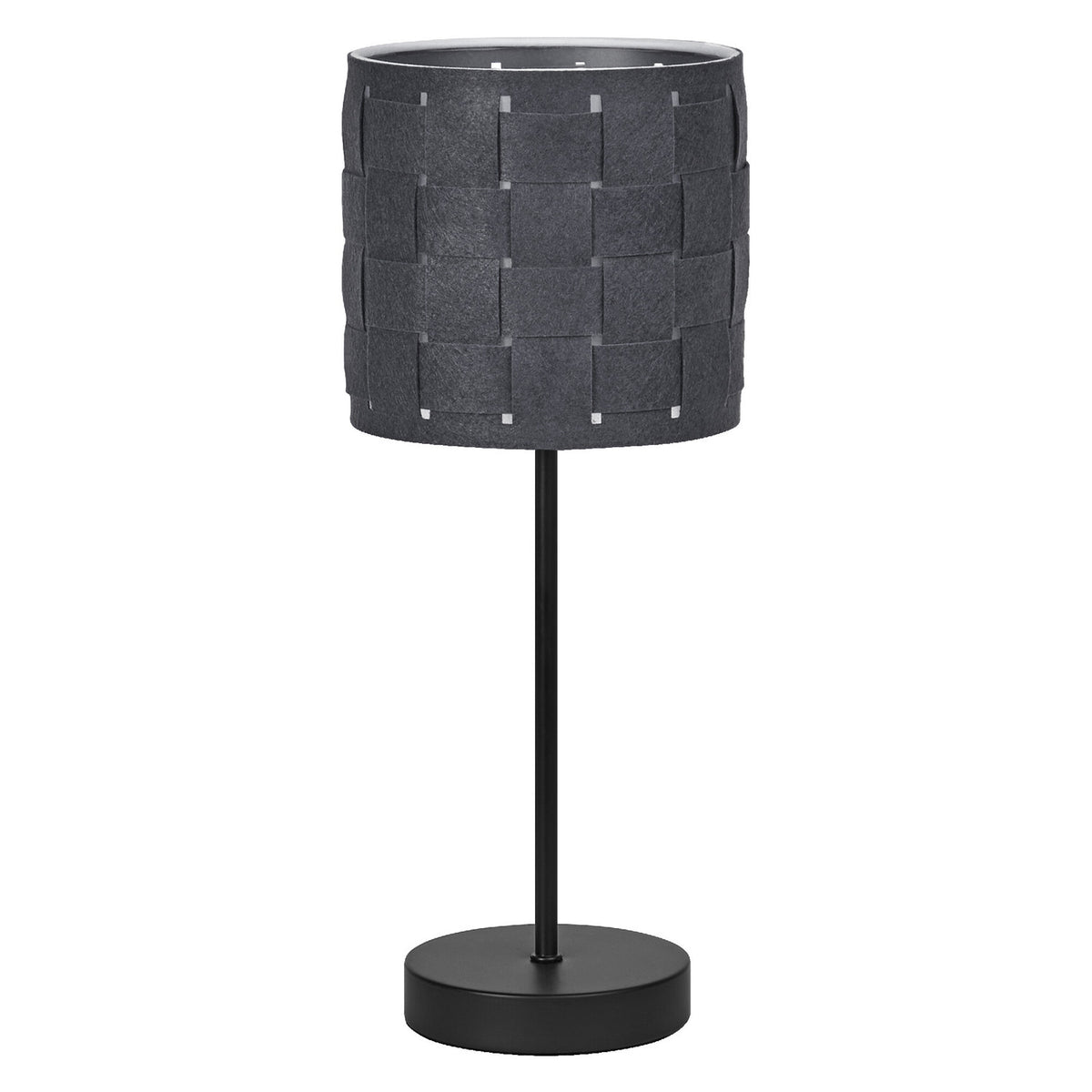 Lampe à poser anthracite de face, abat-jour cylindrique en feutre tissé.